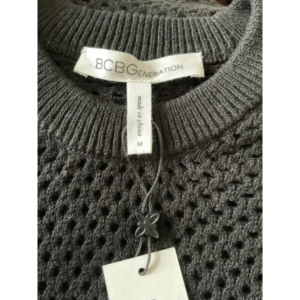 BCBGeneration Womens Open Knit Pullover Sweater Black Crew Neck Long Sleeve Sz M